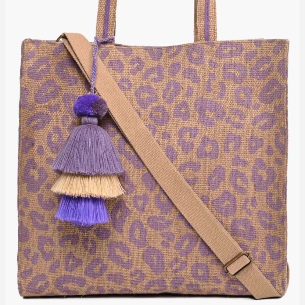 America & Beyond New Purple Lavender Cheetah Leopard Print Boho Jute Tote